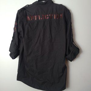 Y2K Affliction Black Premium Sleeve Patch/Embroidered Back Button Down - XL
